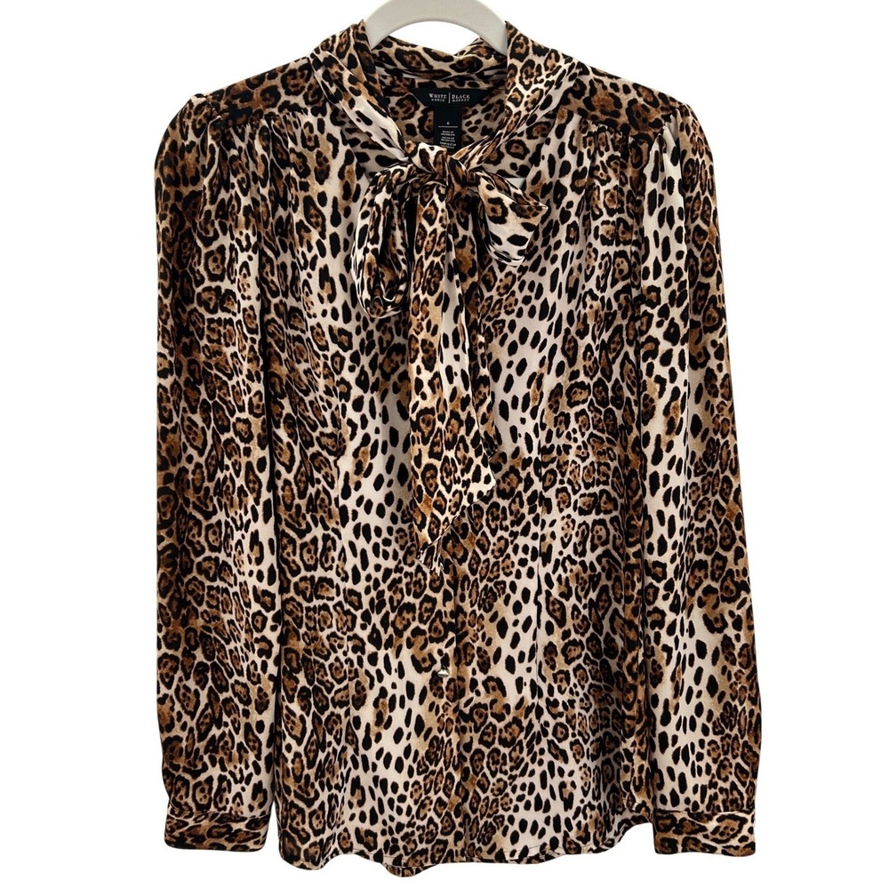 White House Black Market Leopard Print Tie Bow Blouse Brown‎ Tan Black Size 6